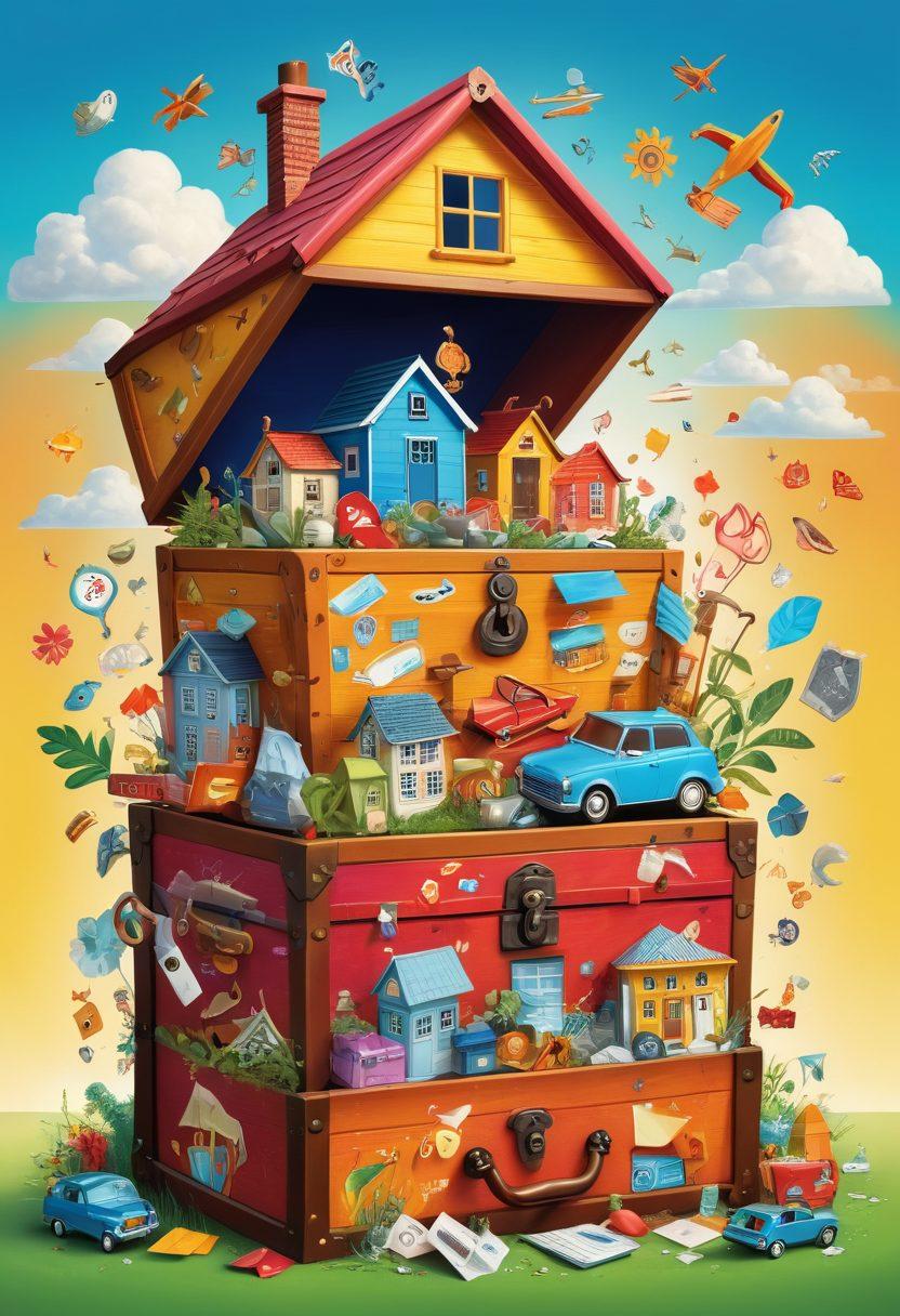 An open treasure chest overflowing with various insurance symbols like houses, cars, health icons, and life symbols, surrounded by keys labeled with different insurance types such as auto, health, and property. The background features a bright sky representing clarity and understanding. The overall vibe conveys a sense of discovery and reassurance. bright colors. whimsical illustration.
