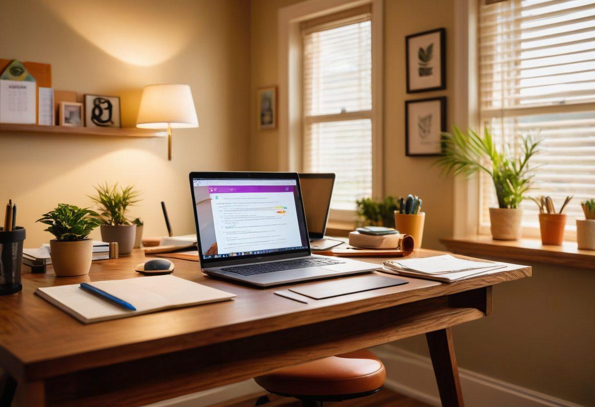 A confident individual comparing various insurance quotes on a laptop, surrounded by floating icons representing health, auto, and home insurance policies. The background features a warm light indicating a cozy home office, while a notepad with handwritten notes rests beside the laptop. Bright colors to evoke a sense of optimism and clarity. super-realistic. vibrant colors.