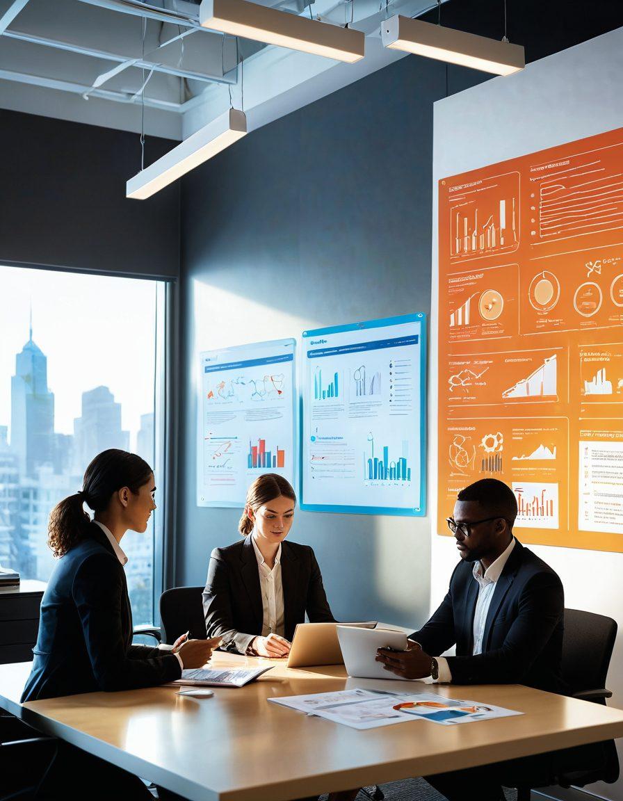A modern office scene featuring a diverse group of people exploring various digital devices displaying insurance policy diagrams and tools. Include a large wall with an infographics displaying key insurance services and resources. A warm atmosphere with light streaming through windows, symbolizing clarity and guidance. Subtle touches of technology like tablets and touchscreens. super-realistic. vibrant colors.